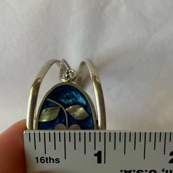 VINTAGE ALPACA MEXICO Blue Flower MOTHER OF PEARL Shell Mosaic CUFF BRACELET - Picture 11 of 12